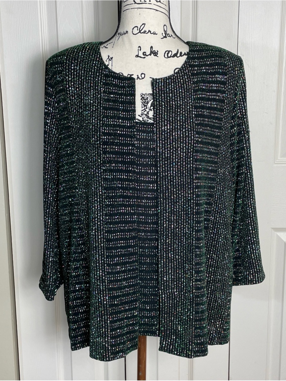Alex Evenings Black Jacket Tank 2 Piece Set Women's Size XL Green Silver Glitter